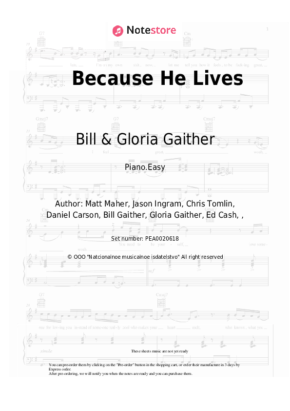 Because He Lives - Bill & Gloria Gaither Piano Sheet Music Easy - Piano.Easy