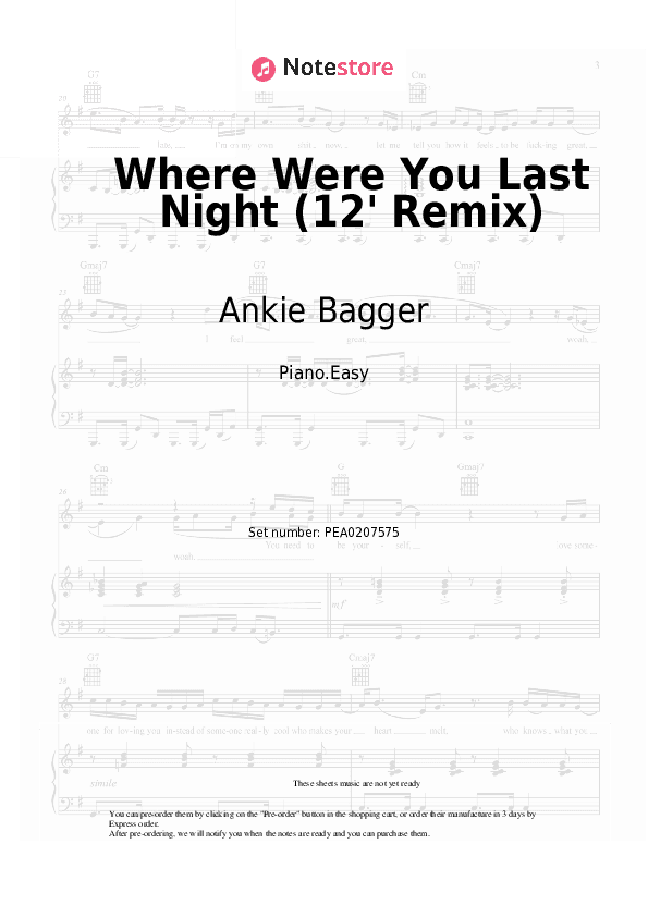 Where Were You Last Night (12' Remix) - Ankie Bagger Piano Sheet Music Easy - Piano.Easy