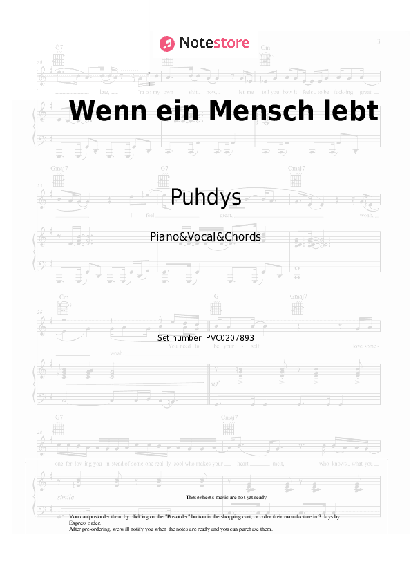 Wenn ein Mensch lebt - Puhdys Piano Sheet Music with the Vocal and Chords - Piano&Vocal&Chords