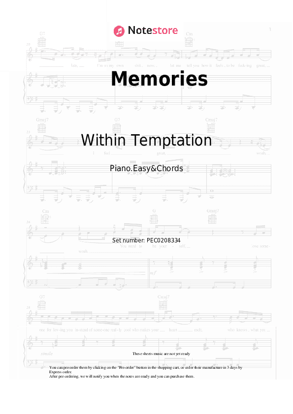 Memories - Within Temptation Sheet Music Easy and Chords - Piano.Easy&Chords