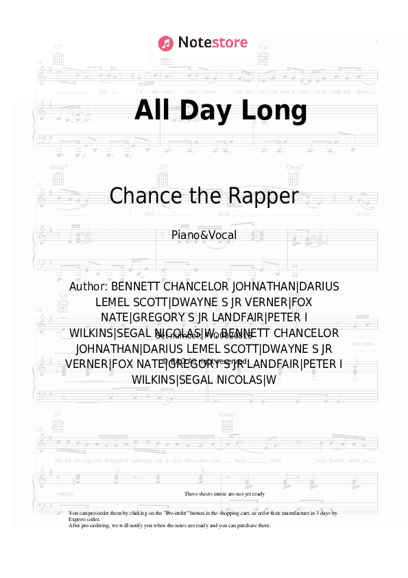 All Day Long - Chance the Rapper, John Legend Piano Sheet Music with the Voice part - Piano&Vocal
