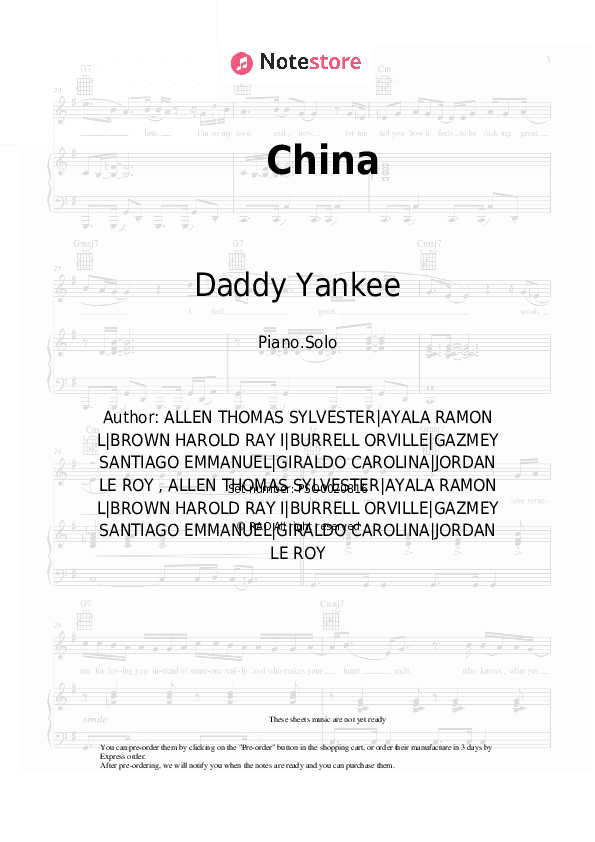 China - Daddy Yankee, J Balvin, Ozuna, Anuel AA, Karol G Piano Sheet Music - Piano.Solo