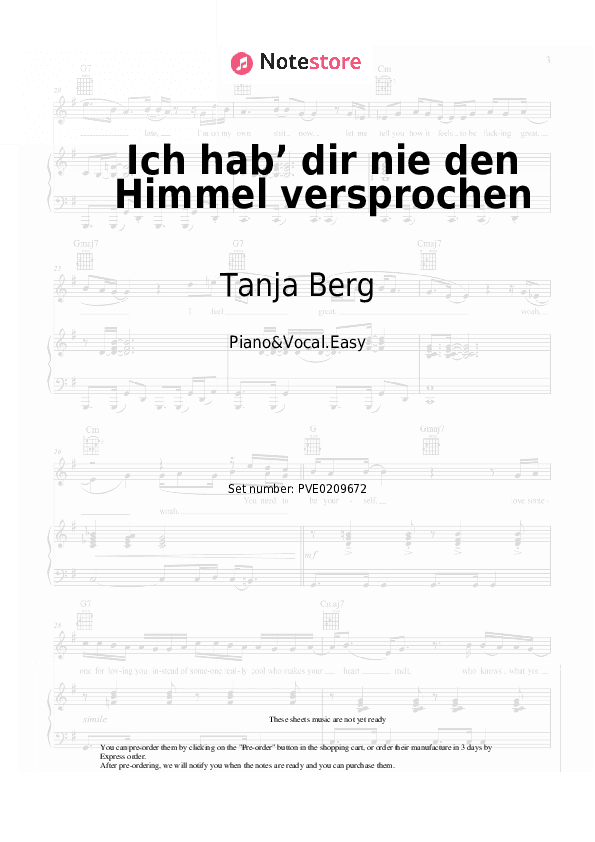 Ich hab’ dir nie den Himmel versprochen - Tanja Berg Piano Sheet Music Easy and Vocal - Piano&Vocal.Easy