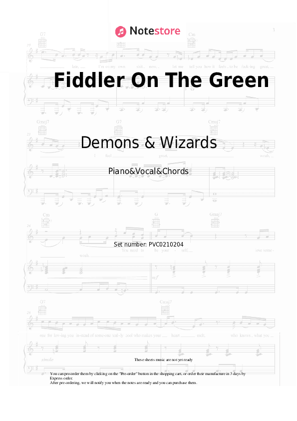 Fiddler On The Green - Demons & Wizards Piano Sheet Music with the Vocal and Chords - Piano&Vocal&Chords
