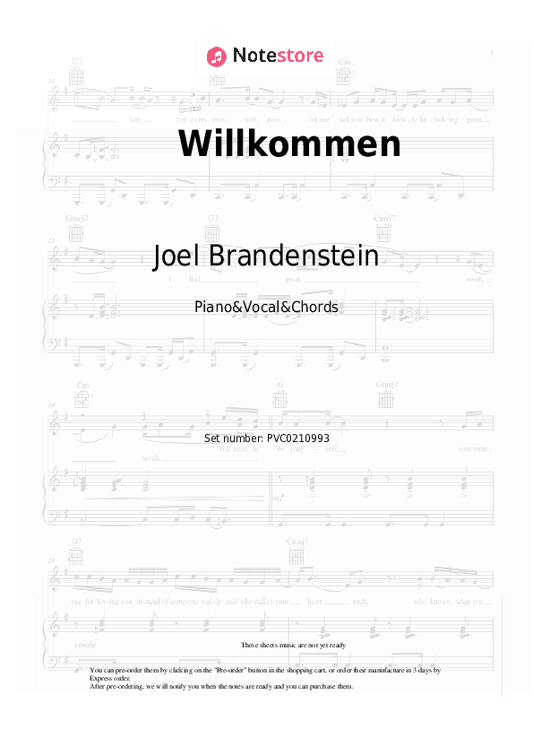 Willkommen - Joel Brandenstein Piano Sheet Music with the Vocal and Chords - Piano&Vocal&Chords