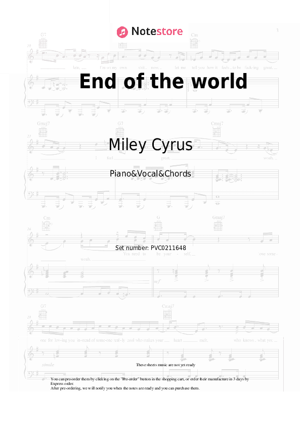 End of the world - Miley Cyrus Piano Sheet Music with the Vocal and Chords - Piano&Vocal&Chords