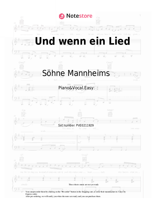 Und wenn ein Lied - Söhne Mannheims Piano Sheet Music Easy and Vocal - Piano&Vocal.Easy