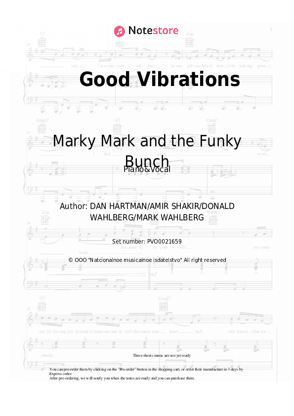Good Vibrations - Marky Mark and the Funky Bunch Piano Sheet Music with the Voice part - Piano&Vocal