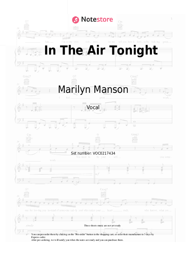 In The Air Tonight - Marilyn Manson Vocal Sheet Music - Vocal