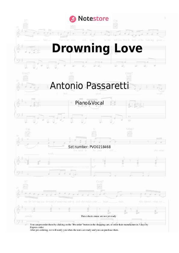 Drowning Love - Antonio Passaretti Piano Sheet Music with the Voice part - Piano&Vocal