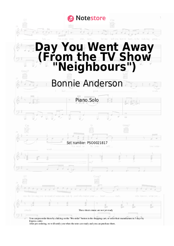 Day You Went Away (From the TV Show Neighbours) - Bonnie Anderson Piano Sheet Music - Piano.Solo