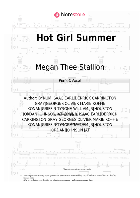 Hot Girl Summer - Megan Thee Stallion, Nicki Minaj, Ty Dolla Sign Piano Sheet Music with the Voice part - Piano&Vocal