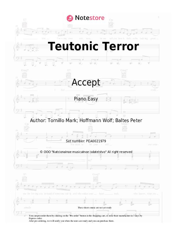 Teutonic Terror - Accept Piano Sheet Music Easy - Piano.Easy