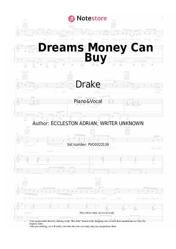 Dreams Money Can Buy - Drake Piano Sheet Music with the Voice part - Piano&Vocal