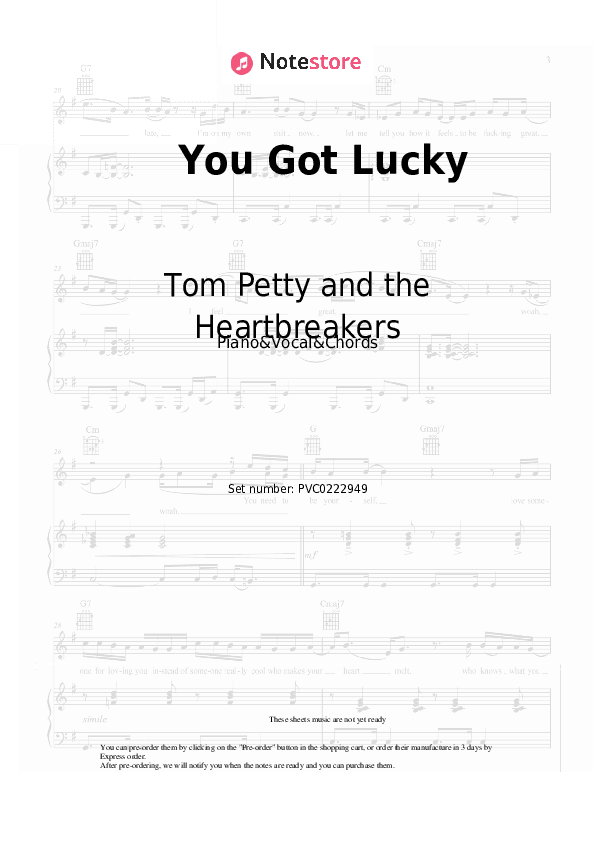 You Got Lucky - Tom Petty and the Heartbreakers Piano Sheet Music with the Vocal and Chords - Piano&Vocal&Chords