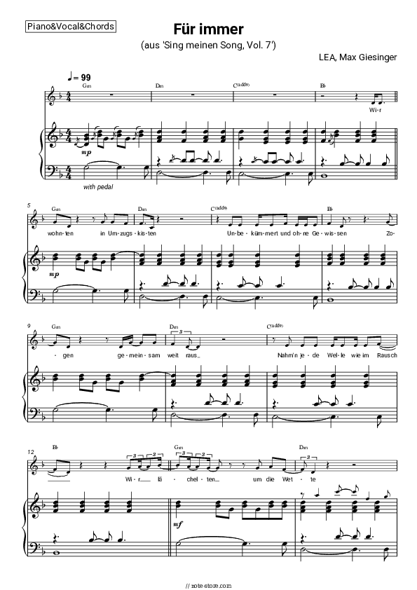 Für immer (aus 'Sing meinen Song, Vol. 7') - LEA, Max Giesinger Piano Sheet Music with the Vocal and Chords - Piano&Vocal&Chords