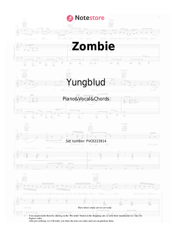 Zombie - Yungblud Piano Sheet Music with the Vocal and Chords - Piano&Vocal&Chords