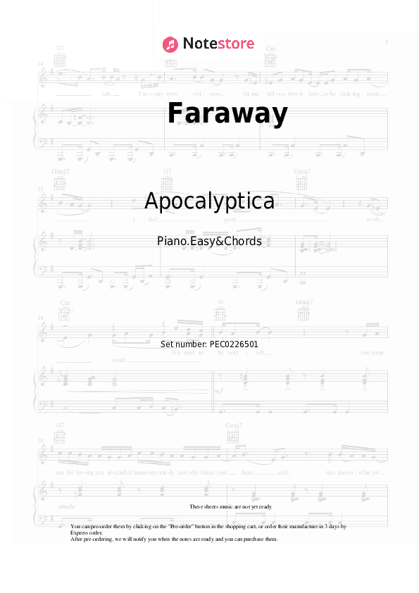 Faraway - Apocalyptica Sheet Music Easy and Chords - Piano.Easy&Chords