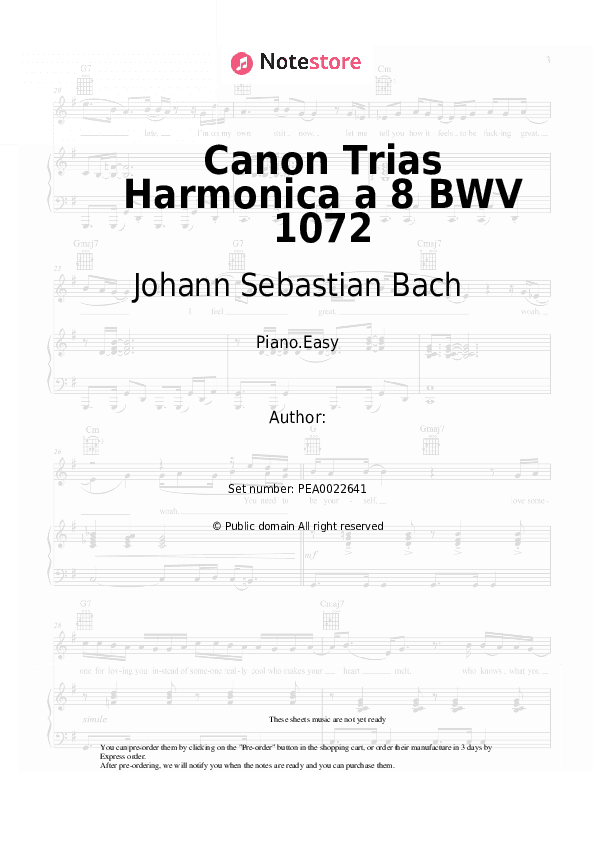 Canon Trias Harmonica a 8 BWV 1072 - Johann Sebastian Bach Piano Sheet Music Easy - Piano.Easy