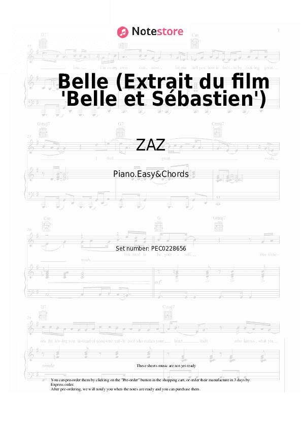 Belle (Extrait du film 'Belle et Sébastien') - ZAZ, Armand Amar Sheet Music Easy and Chords - Piano.Easy&Chords