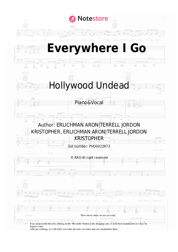 Everywhere I Go - Hollywood Undead Piano Sheet Music with the Voice part - Piano&Vocal