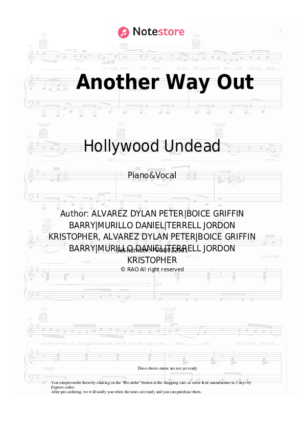 Another Way Out - Hollywood Undead Piano Sheet Music with the Voice part - Piano&Vocal