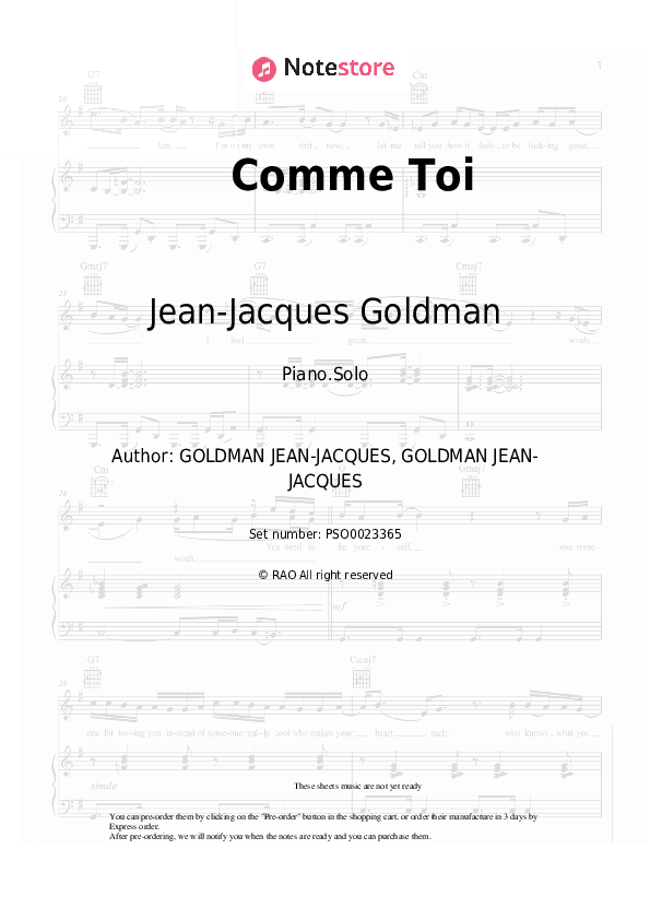 Comme Toi - Jean-Jacques Goldman Piano Sheet Music - Piano.Solo