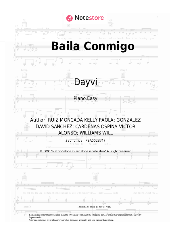 Baila Conmigo - Dayvi, Victor Cárdenas, Kelly Ruiz Piano Sheet Music Easy - Piano.Easy