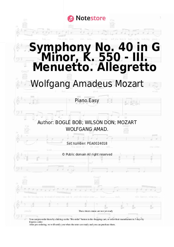 Symphony No. 40 in G Minor, K. 550 - III. Menuetto. Allegretto - Wolfgang Amadeus Mozart Piano Sheet Music Easy - Piano.Easy