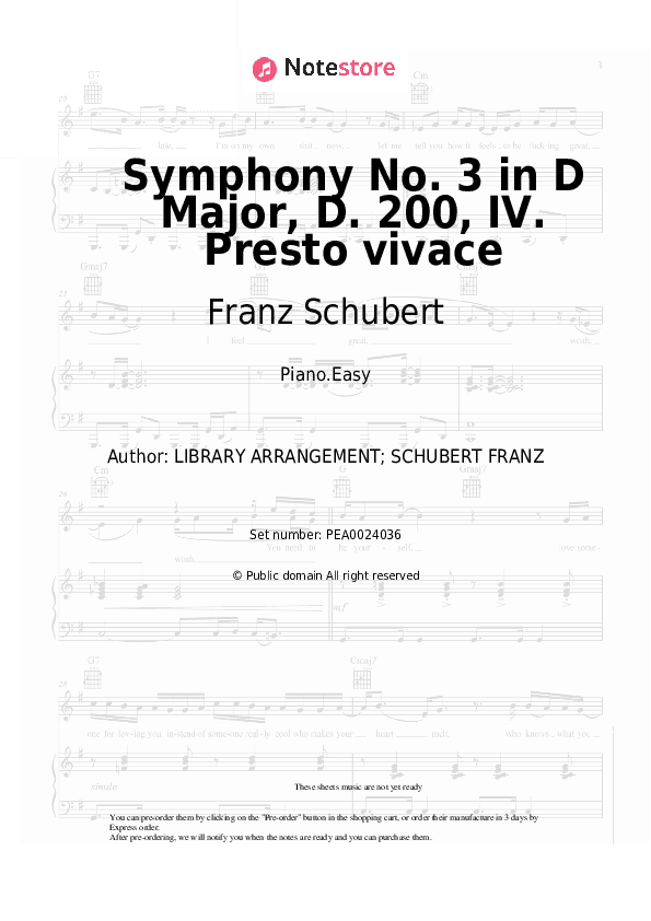 Symphony No. 3 in D Major, D. 200: IV. Presto vivace - Franz Schubert Piano Sheet Music Easy - Piano.Easy