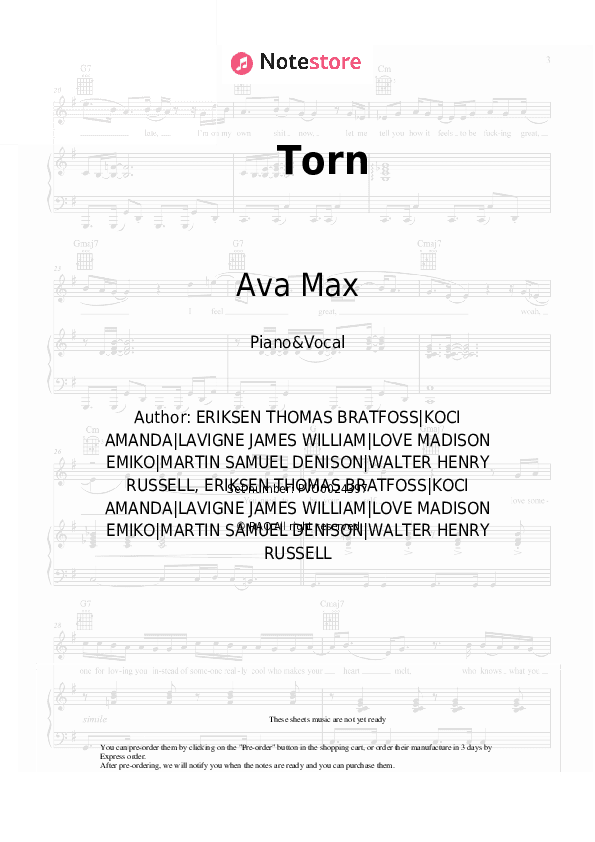 Torn - Ava Max Piano Sheet Music with the Voice part - Piano&Vocal