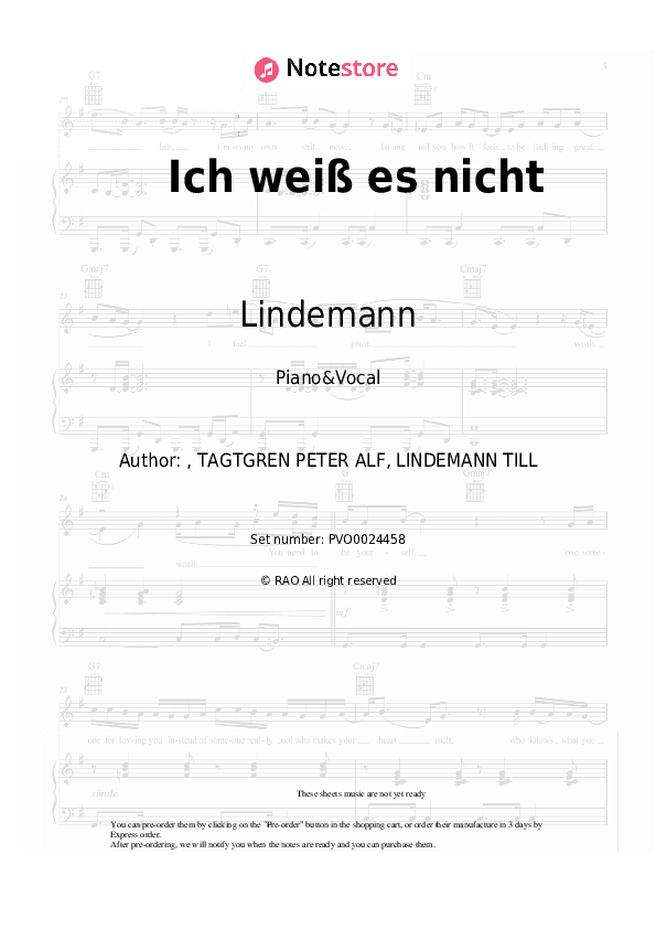 Ich weiß es nicht - Lindemann Piano Sheet Music with the Voice part - Piano&Vocal