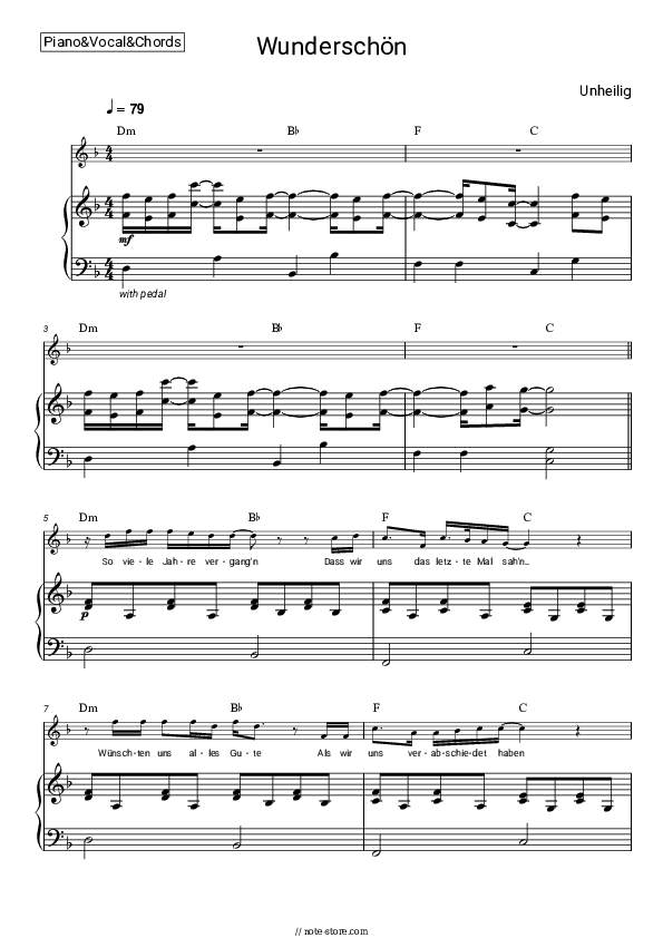 Wunderschön - Unheilig Piano Sheet Music with the Vocal and Chords - Piano&Vocal&Chords