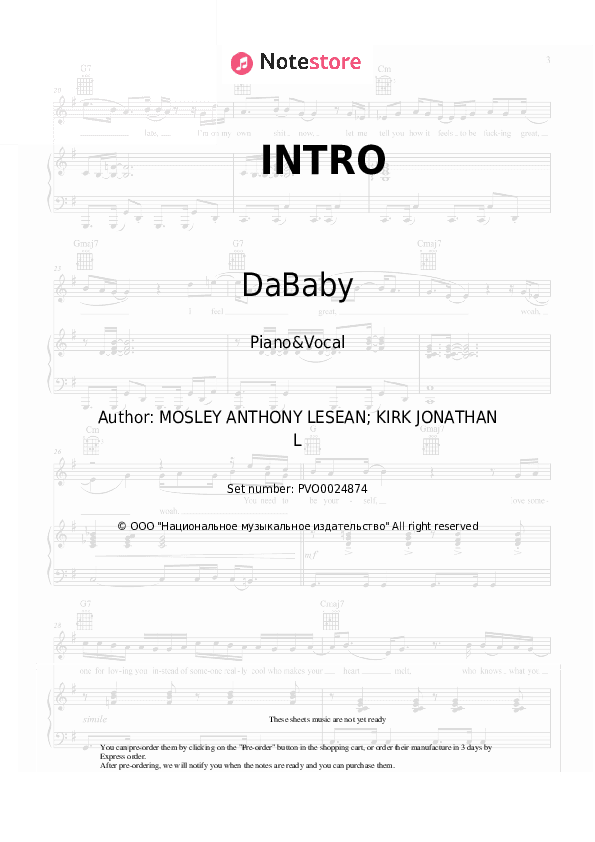 INTRO - DaBaby Piano Sheet Music with the Voice part - Piano&Vocal