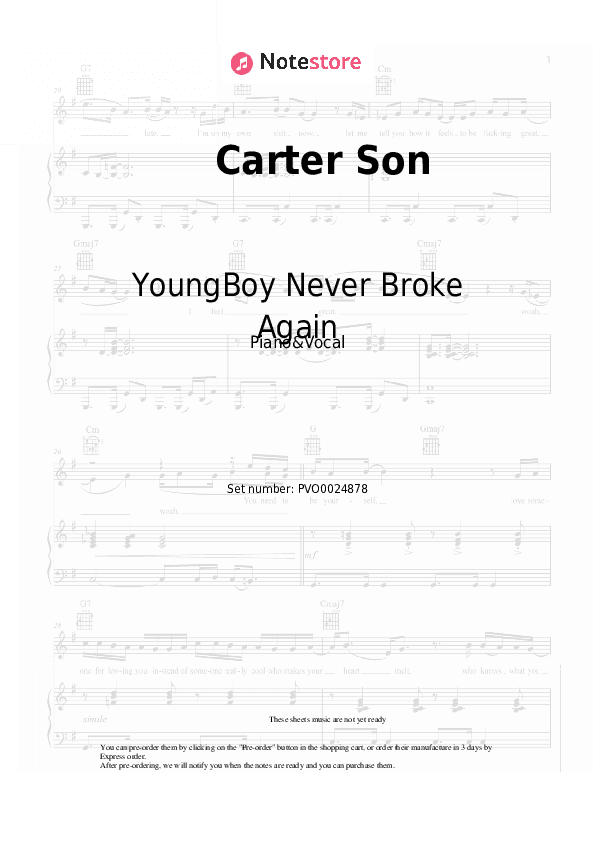 Carter Son - YoungBoy Never Broke Again Piano Sheet Music with the Voice part - Piano&Vocal