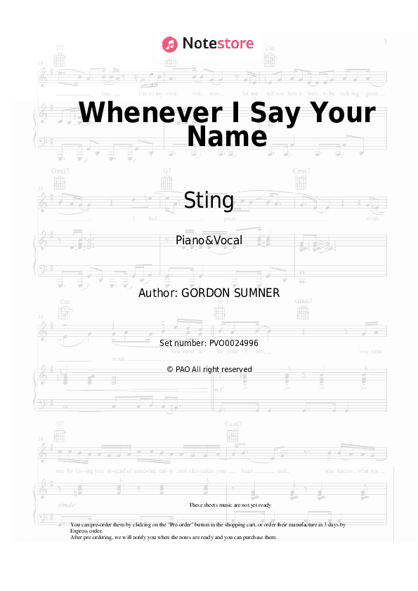 Whenever I Say Your Name - Sting Piano Sheet Music with the Voice part - Piano&Vocal