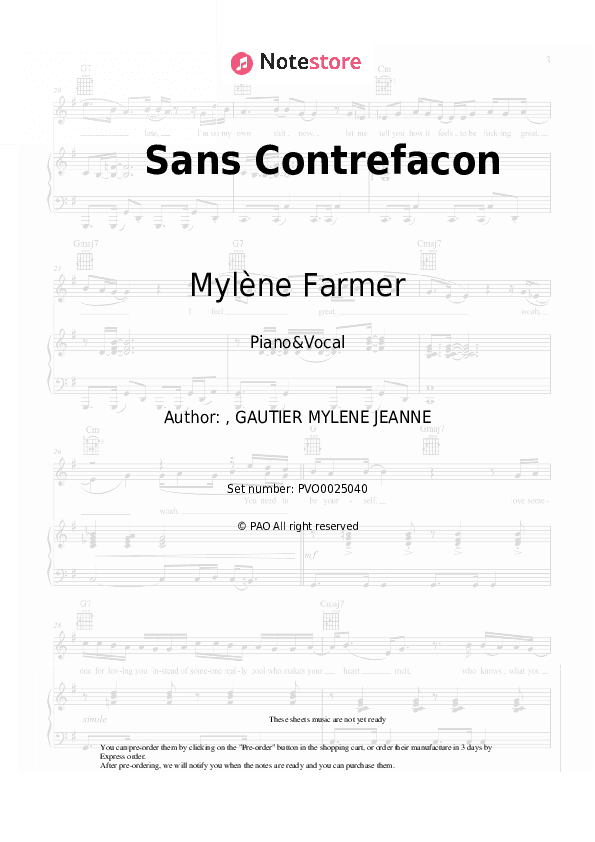 Sans Contrefacon - Mylène Farmer Piano Sheet Music with the Voice part - Piano&Vocal