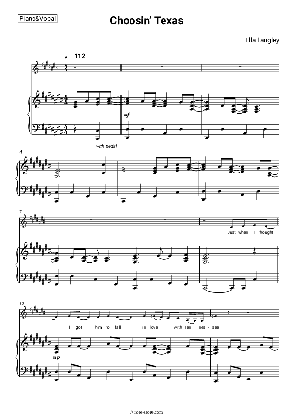 Choosin’ Texas - Ella Langley Piano Sheet Music with the Voice part - Piano&Vocal