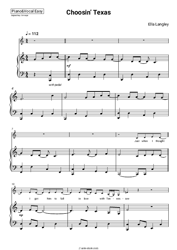 Choosin’ Texas - Ella Langley Piano Sheet Music Easy and Vocal - Piano&Vocal.Easy