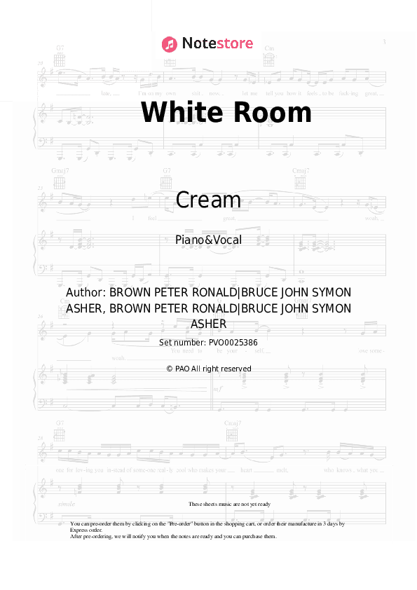 White Room - Cream Piano Sheet Music with the Voice part - Piano&Vocal
