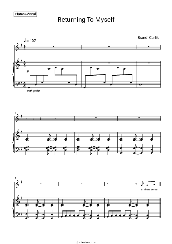 Returning To Myself - Brandi Carlile Piano Sheet Music with the Voice part - Piano&Vocal