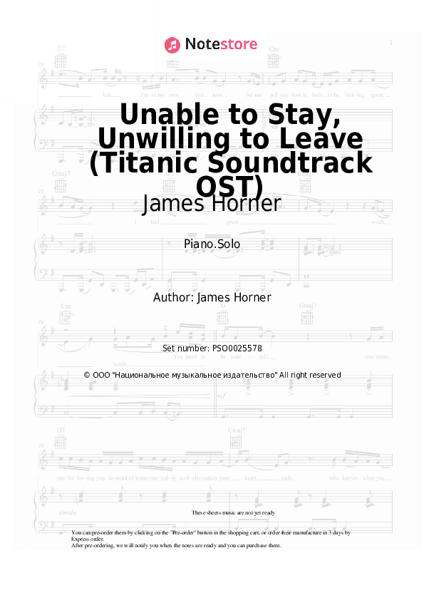 Unable to Stay, Unwilling to Leave (Titanic Soundtrack OST) - James Horner Piano Sheet Music - Piano.Solo