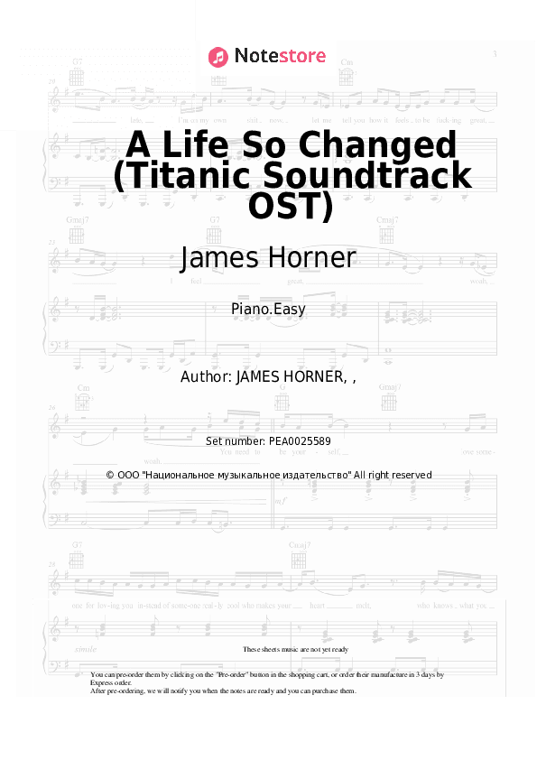 A Life So Changed (Titanic Soundtrack OST) - James Horner Piano Sheet Music Easy - Piano.Easy
