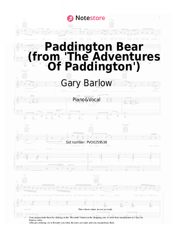 Paddington Bear (from 'The Adventures Of Paddington') - Gary Barlow Piano Sheet Music with the Voice part - Piano&Vocal