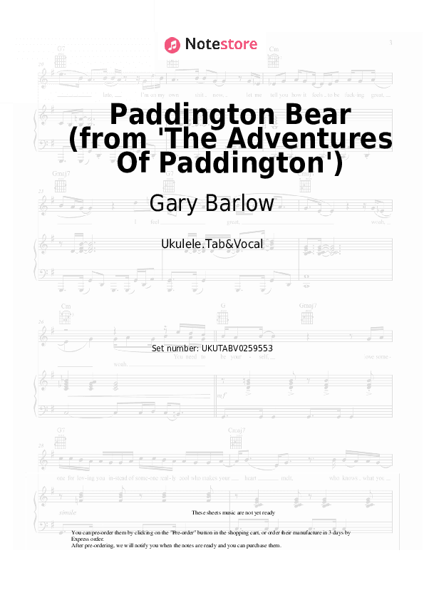 Paddington Bear (from 'The Adventures Of Paddington') - Gary Barlow Sheet Music - Ukulele.Tab&Vocal