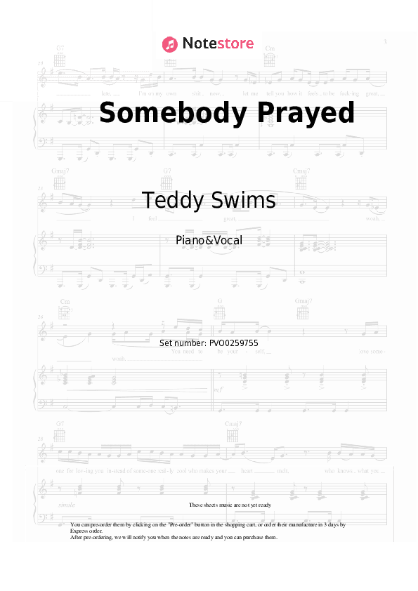 Somebody Prayed - Teddy Swims Piano Sheet Music with the Voice part - Piano&Vocal