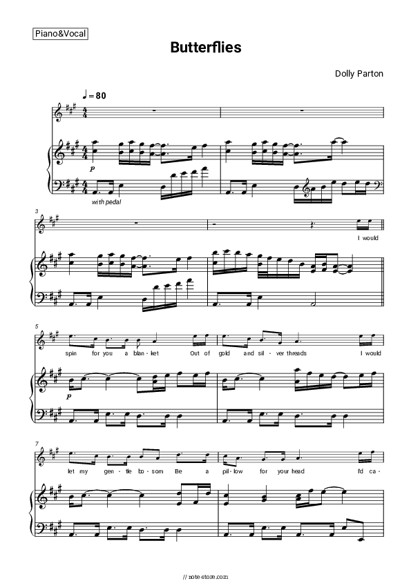 Butterflies - Dolly Parton Piano Sheet Music with the Voice part - Piano&Vocal