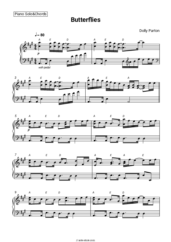 Butterflies - Dolly Parton Piano Sheet Music and Chords - Piano.Solo&Chords