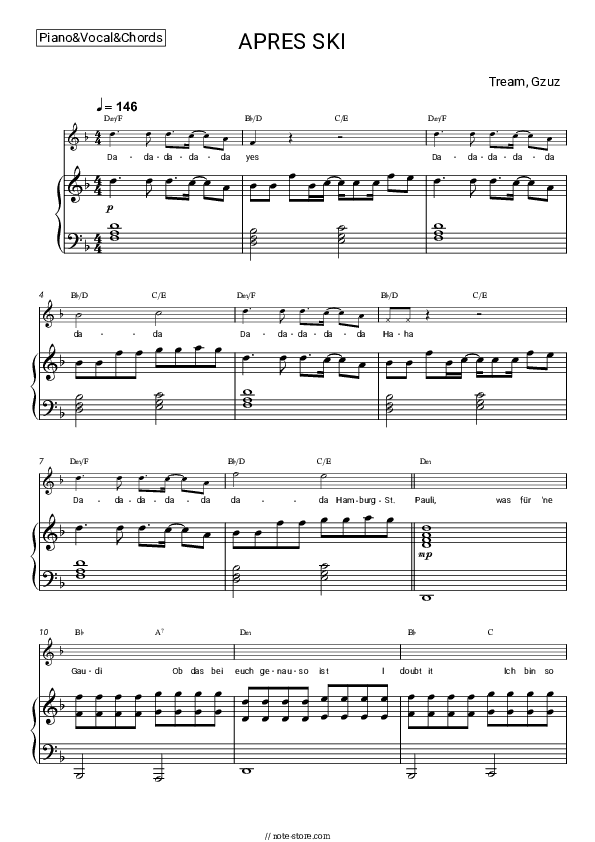 APRES SKI - Tream, Gzuz Piano Sheet Music with the Vocal and Chords - Piano&Vocal&Chords