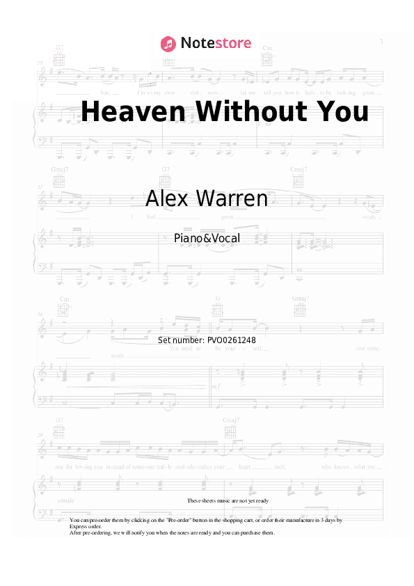 Heaven Without You - Alex Warren Piano Sheet Music with the Voice part - Piano&Vocal
